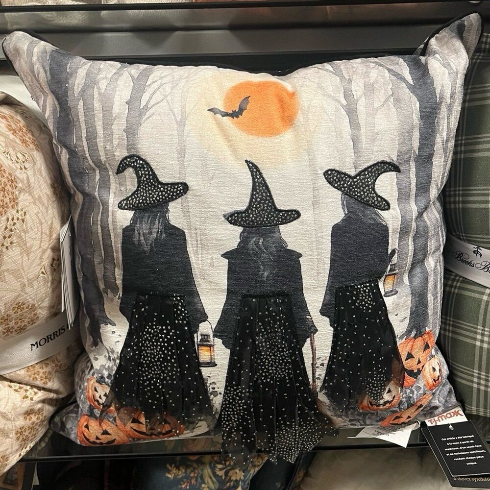 Cynthia Rowley Halloween Three Trio Witches with Lanterns and Pumpkins Pillow